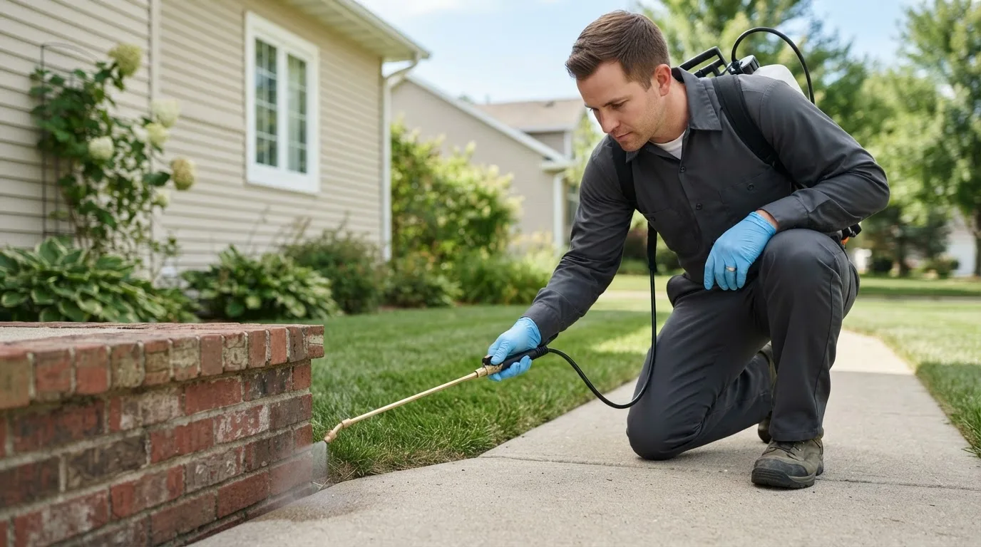 Pest control technician treating a home near Vincent, IA