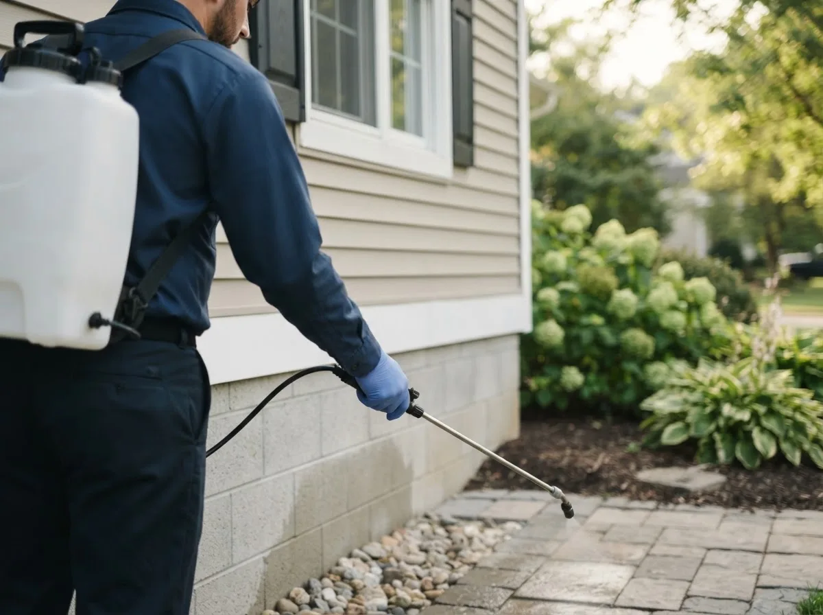Pest control technician inspecting a home in Vincent, IA